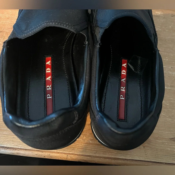 PRADA Linea Rossa Slip On Sneakers Black Nylon Slide On Size 37.5 Leather Trim - Picture 10 of 14